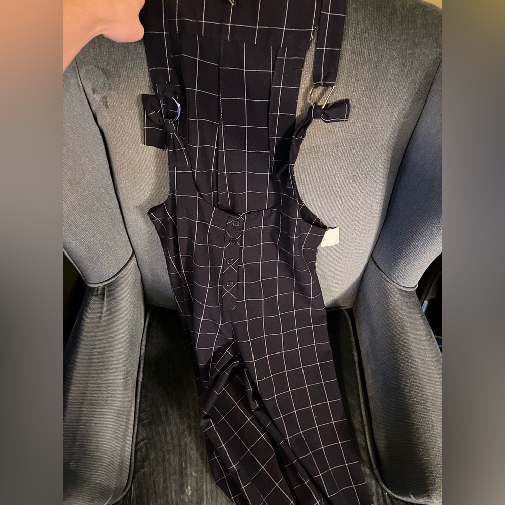 Navy grid/plaid overalls!